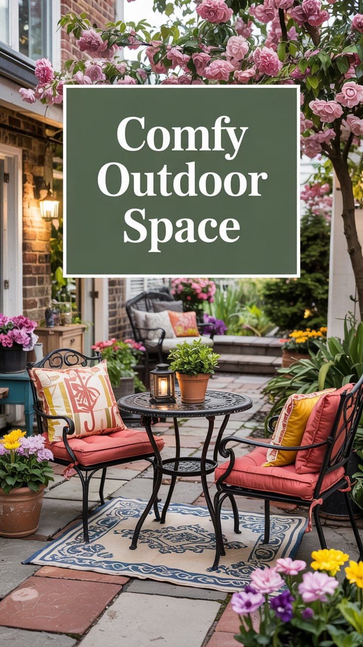 A cozy patio with red-cushioned chairs, flowers, and spring cottage touches for a home refresh you can do in a weekend.
