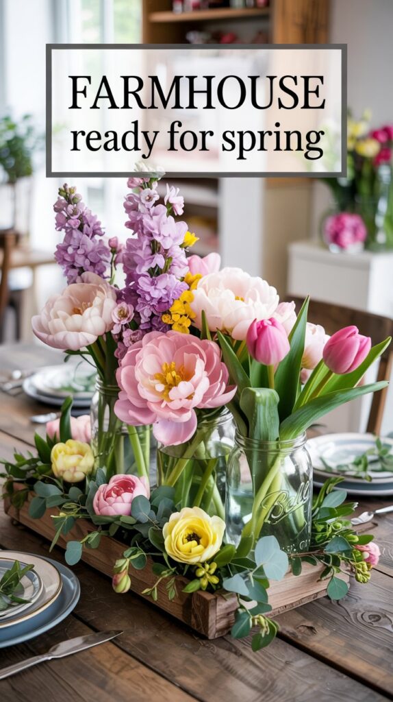 Stunning Table Centerpiece Ideas for Spring Dinners: Mason jars with blooms on a tray brighten any farmhouse dining table.