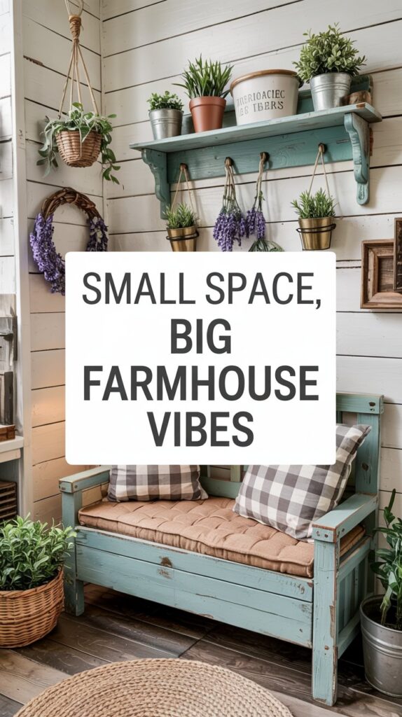 Cozy farmhouse nook with blue bench, plaid pillows, and potted plants—farmhouse decor that works in any home!