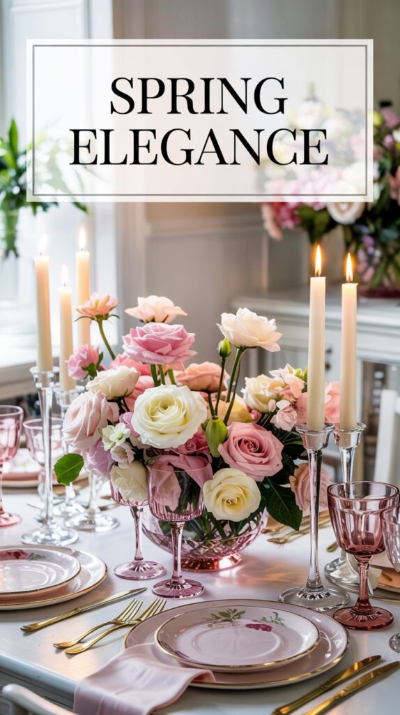 Stunning Table Centerpiece Ideas for Spring Dinners: Elegant table with pink flowers, candles, glassware, and gold cutlery.