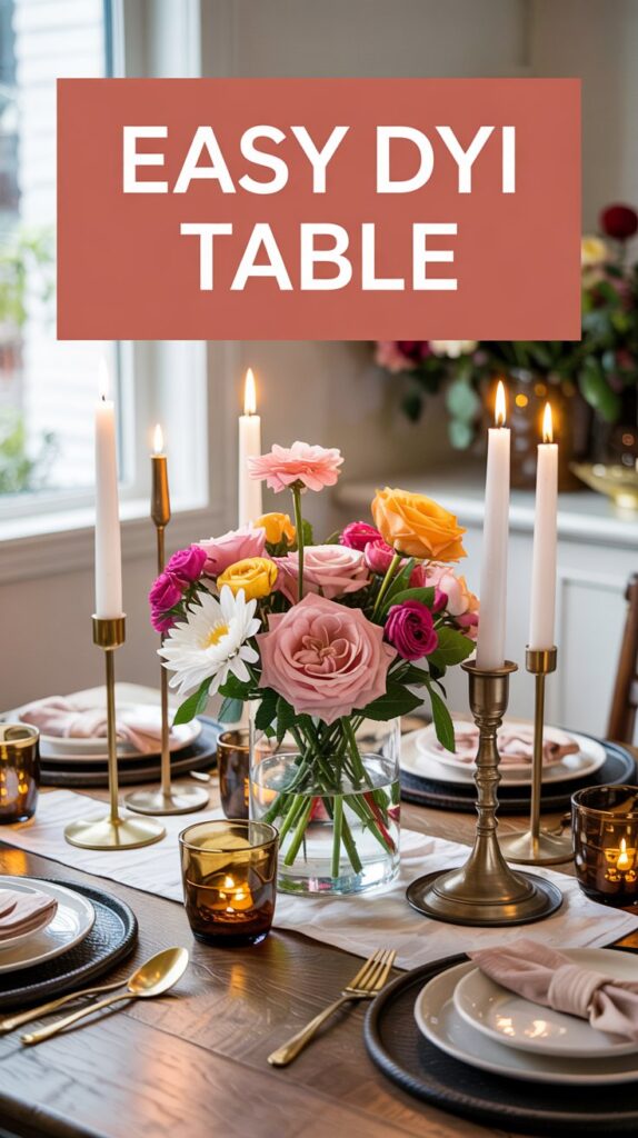Elegant table with flowers, candles, and cutlery—text reads EASY DIY TABLE. Stunning centerpiece ideas for spring dinners.