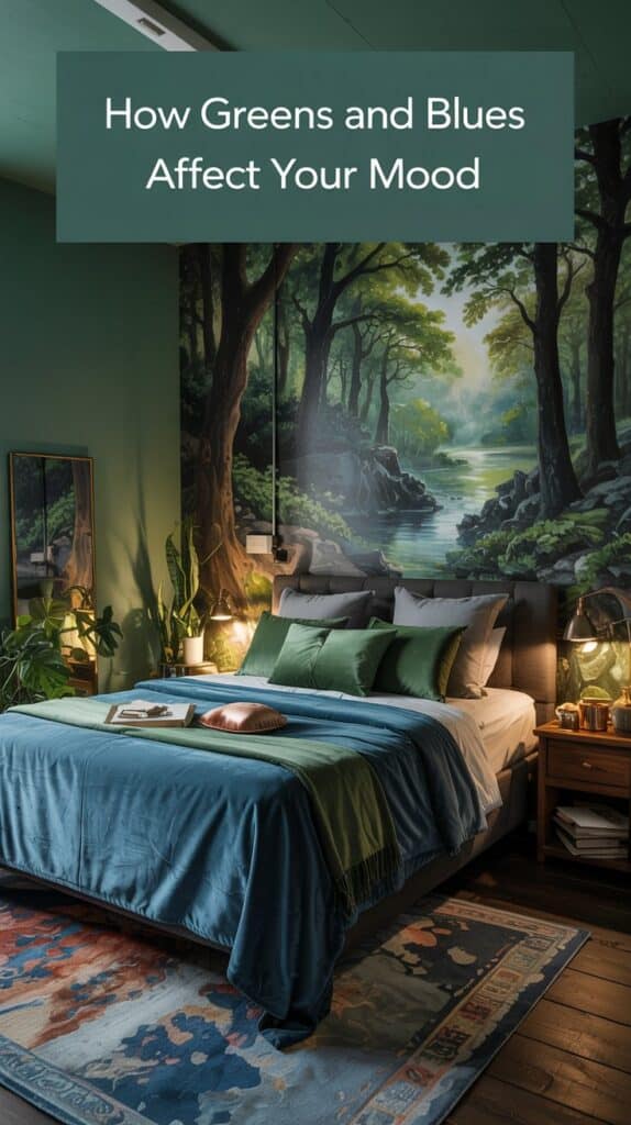 nature-inspired bedroom design A dreamy bedroom idea with green walls, blue bedding, and a forest mural creates a dream dark nature bedroom vibe.