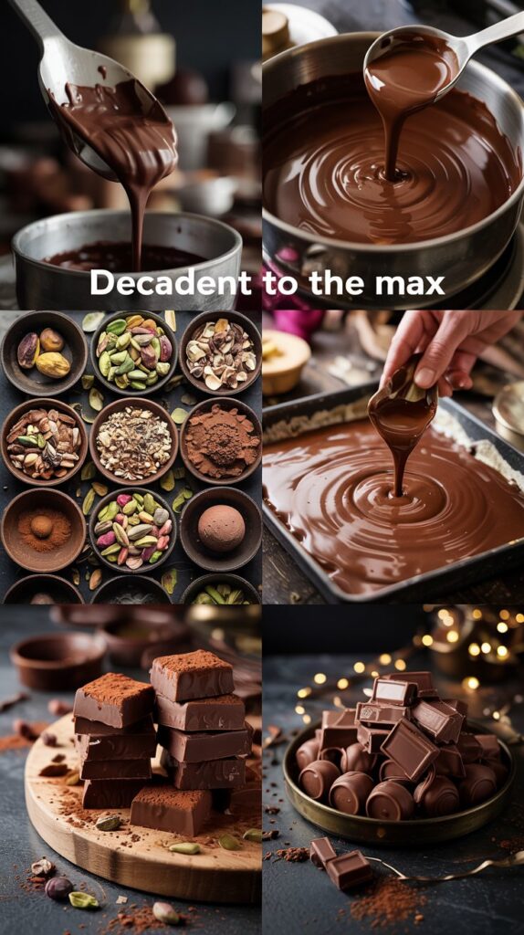 Collage of melted chocolate, bars, cocoa, and nuts, with text: Decadent Dubai-Style Chocolate Treats to the max.
