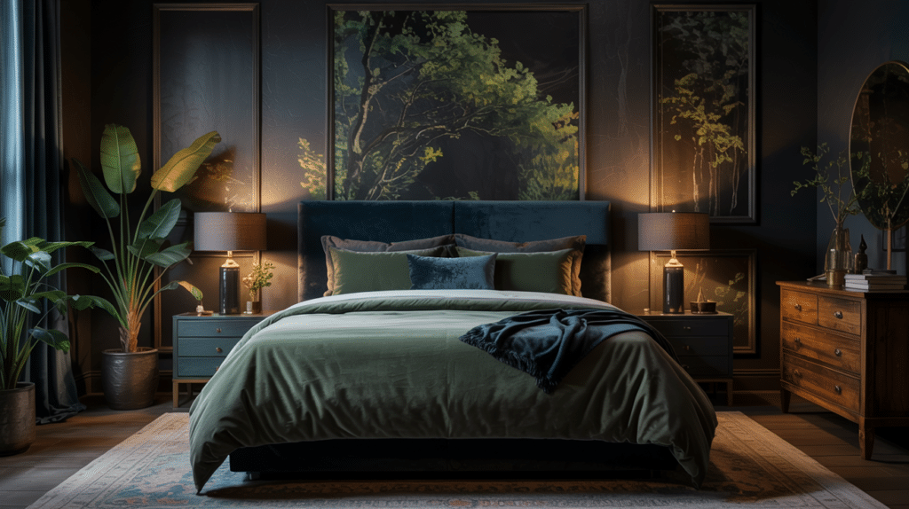 dark-themed bedroom decor Elegant bedroom with a nature-inspired color palette, dark walls, green bedding, and cozy Dream Dark Nature Bedroom vibes.