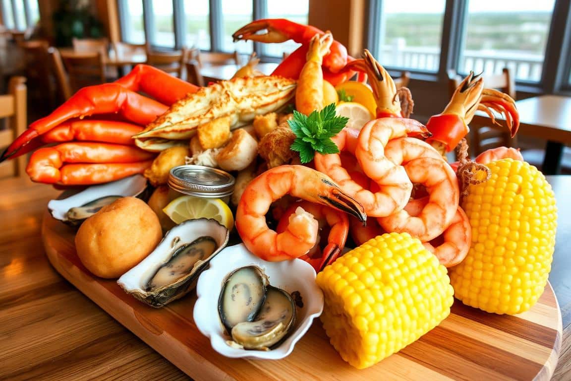 Fresh seafood platter at a Murrells Inlet SC restaurant with marsh views