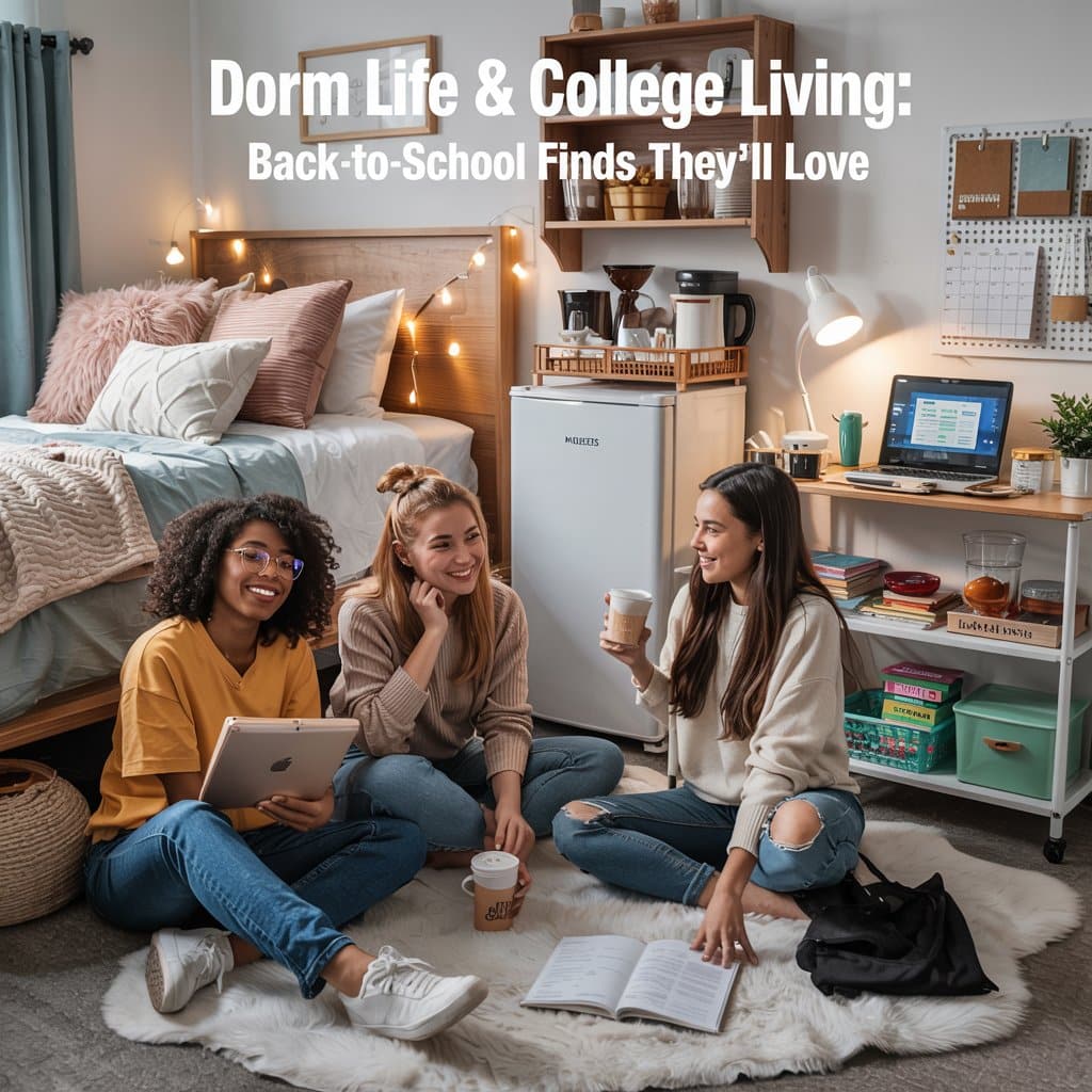 Three college students relax in a cozy dorm with snacks and supplies, enjoying a Back To College evening together.