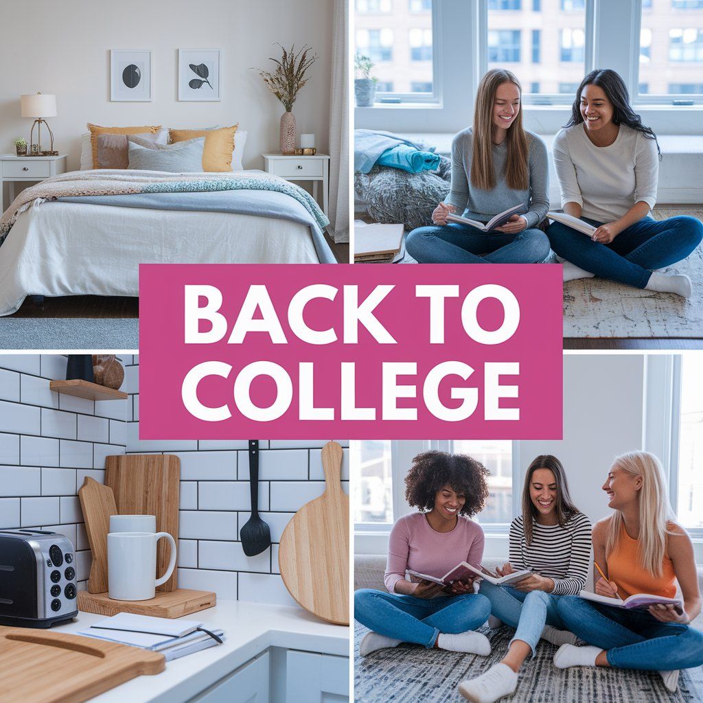 Collage with dorm room, kitchen, and students smiling. Bold text reads Back To College—campus life starts here!