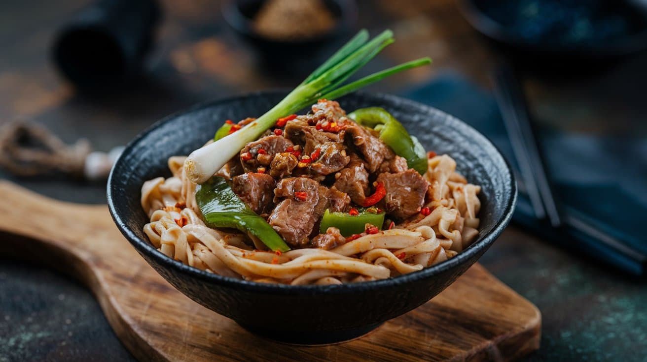 Spicy Beef & Pepper Noodle Bowl with green peppers, chili, and onions served on a wooden board.