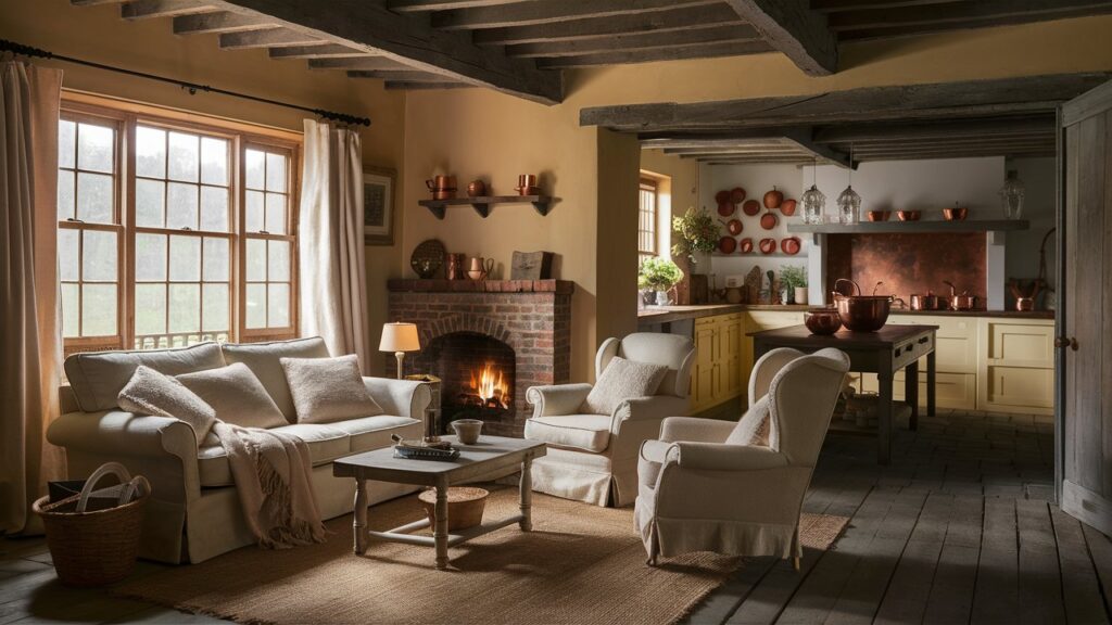 Cozy homemaker revival: Rustic living room with fireplace, white sofas, and open kitchen with copper pots and wooden beams.