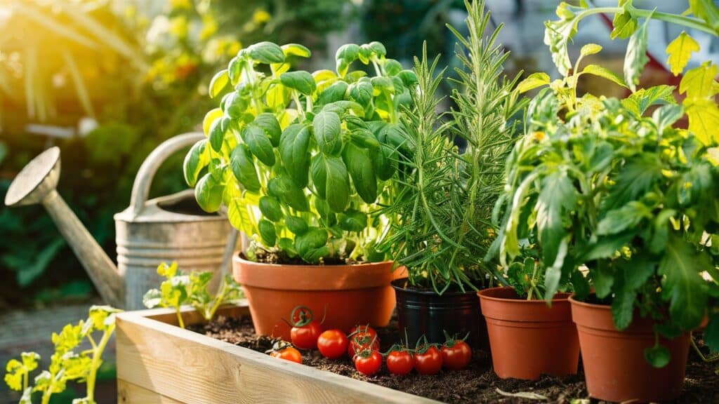 Cozy kitchen garden with herbs and cherry tomatoes growing in morning sunlight