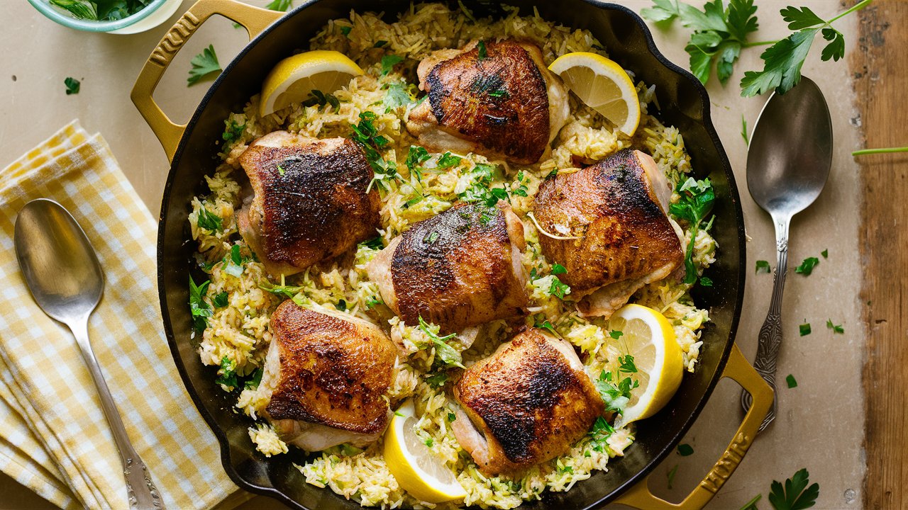 Lemon Herb Chicken & Rice Skillet features golden chicken thighs on seasoned rice, garnished with lemon and parsley.