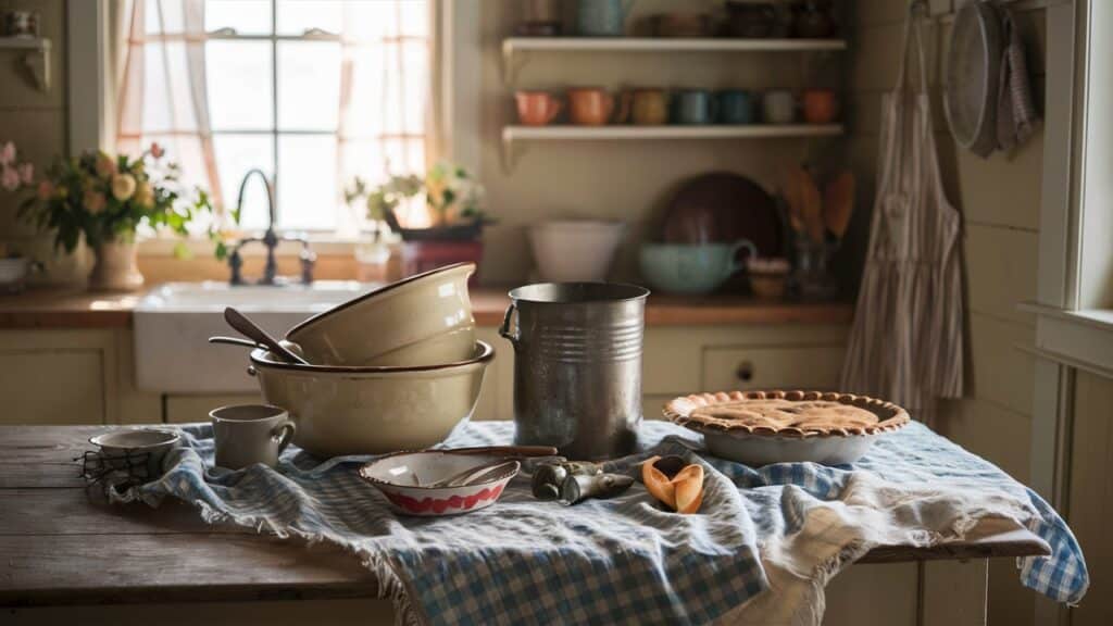 A cozy homemaker revival: a rustic kitchen table with bowls, canister, pie, and blue-checked cloth by a sunny window.