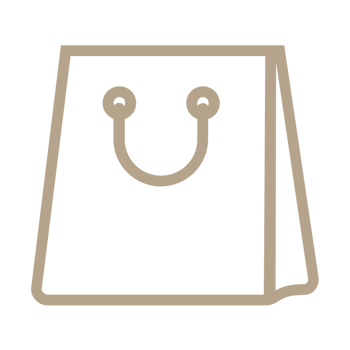 Simple brown outline of a shopping bag with a smiling handle, on a light grey background.
