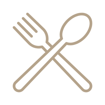 Outline of a fork and spoon crossed over each other on a light background.