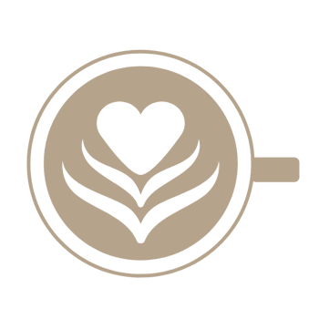 Top view of a coffee cup with heart and leaf latte art design, drawn in a simple brown and white style.