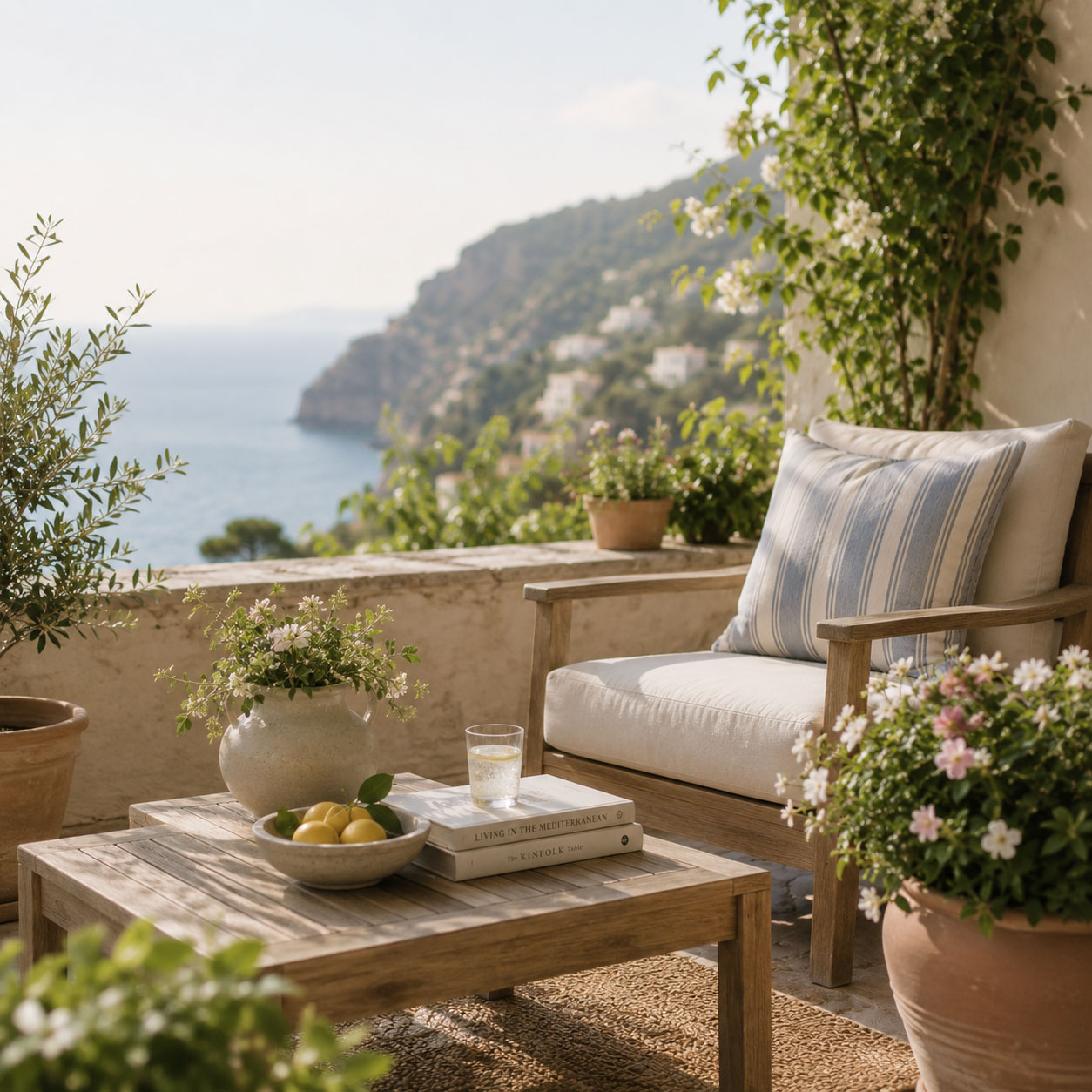 Cozy patio with cushioned chair, potted plants, a table with books, lemons, and a sea view in the background.