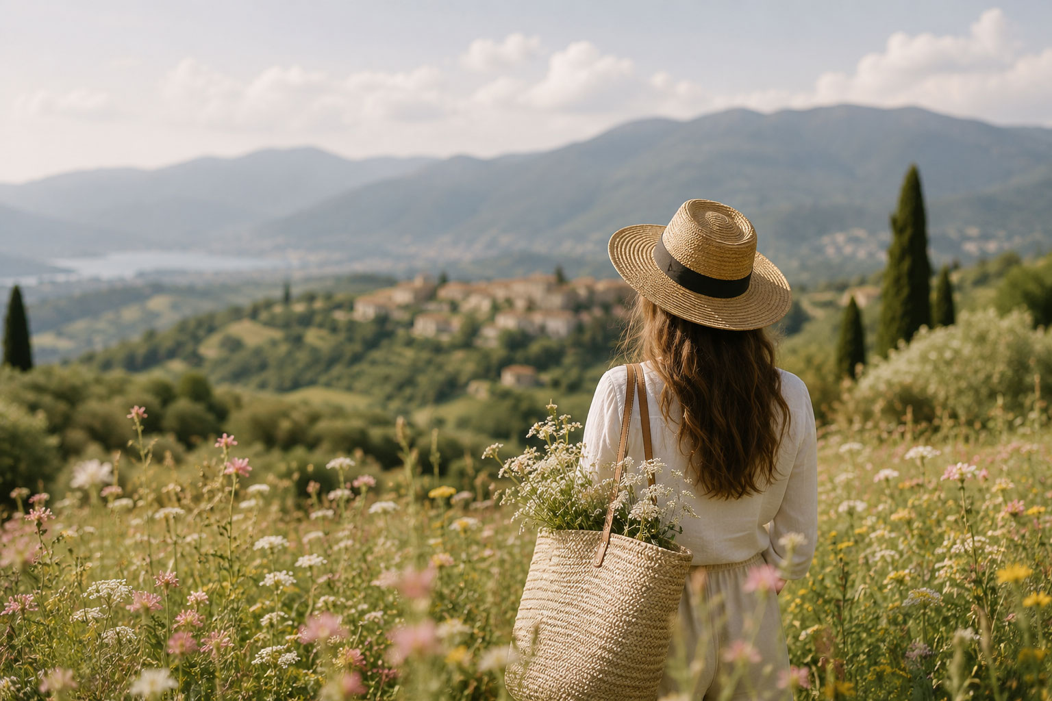 Woman in a straw hat and white dress stands in a wildflower meadow overlooking a Tuscan-style village and mountains.