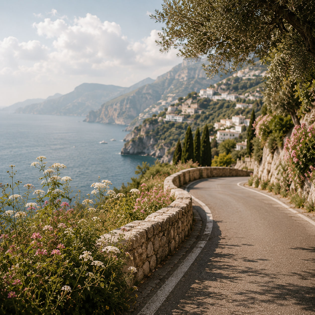 Winding coastal road with stone wall, flowers, and hills overlooking the blue sea on a sunny day.