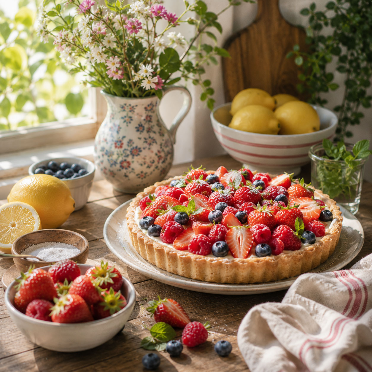A fruit tart topped with strawberries, blueberries, and mint sits on a wooden table with lemons and a vase of flowers.