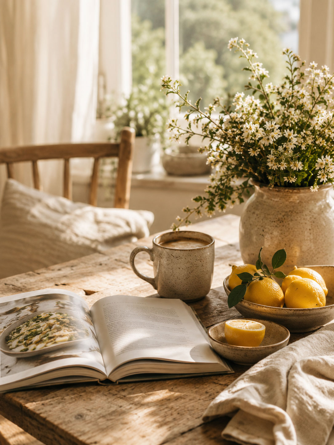 A cookbook, a mug of coffee, a vase of flowers, and lemons on a rustic wooden table by a sunlit window.