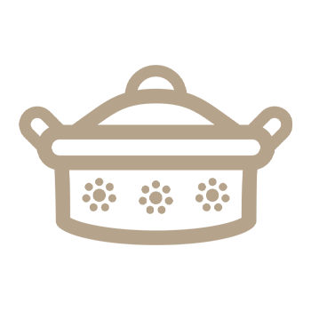 Brown outline of a covered pot with handles, decorated with small flower-like shapes, on a light background.