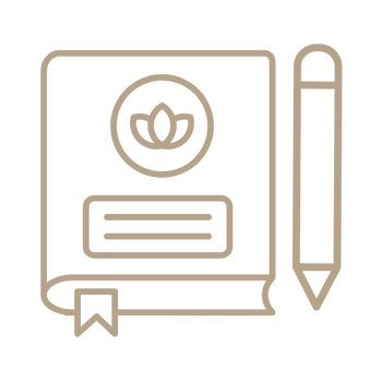 Outline of a book with a lotus symbol and a large pencil beside it, on a light background.