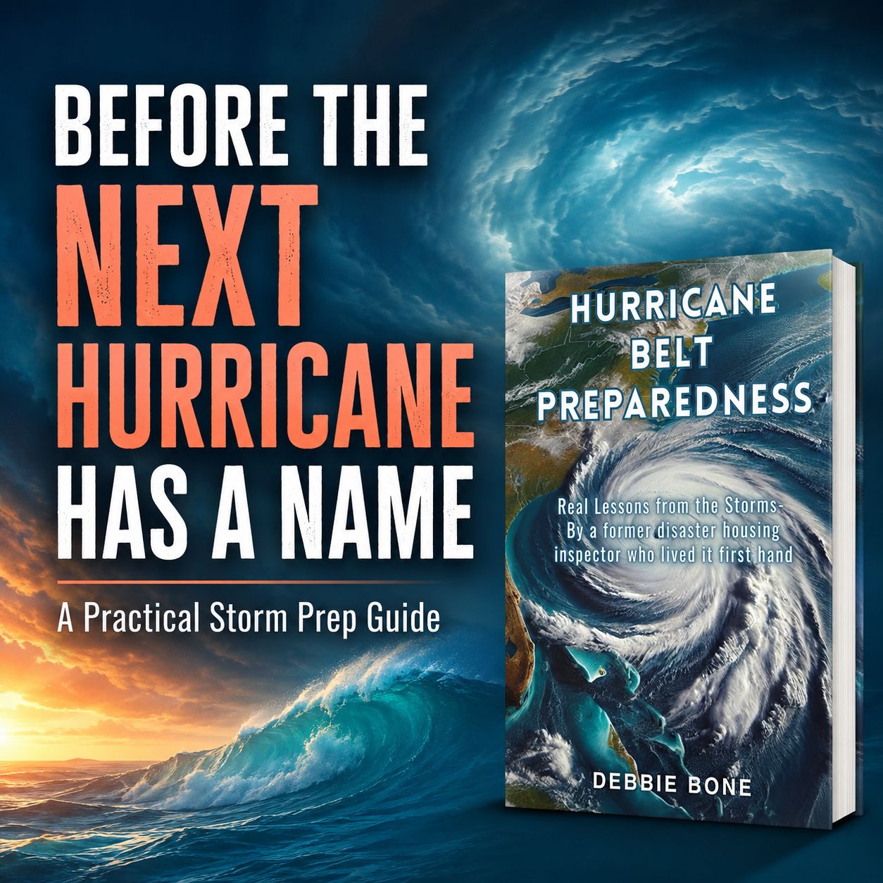 Book titled Hurricane Belt Preparedness, a hurricane preparedness guide with storm imagery, by Debbie Bone.