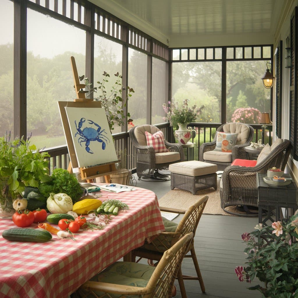 A screened porch with a table of fresh produce, an easel featuring a blue crab painting, and comfortable wicker furniture.