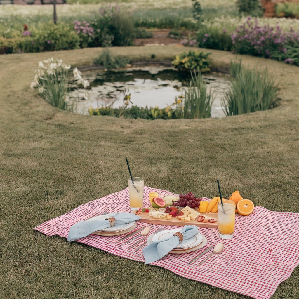 Picnic setup with fruit, drinks, and plates on a red blanket by a small pond in a grassy garden.