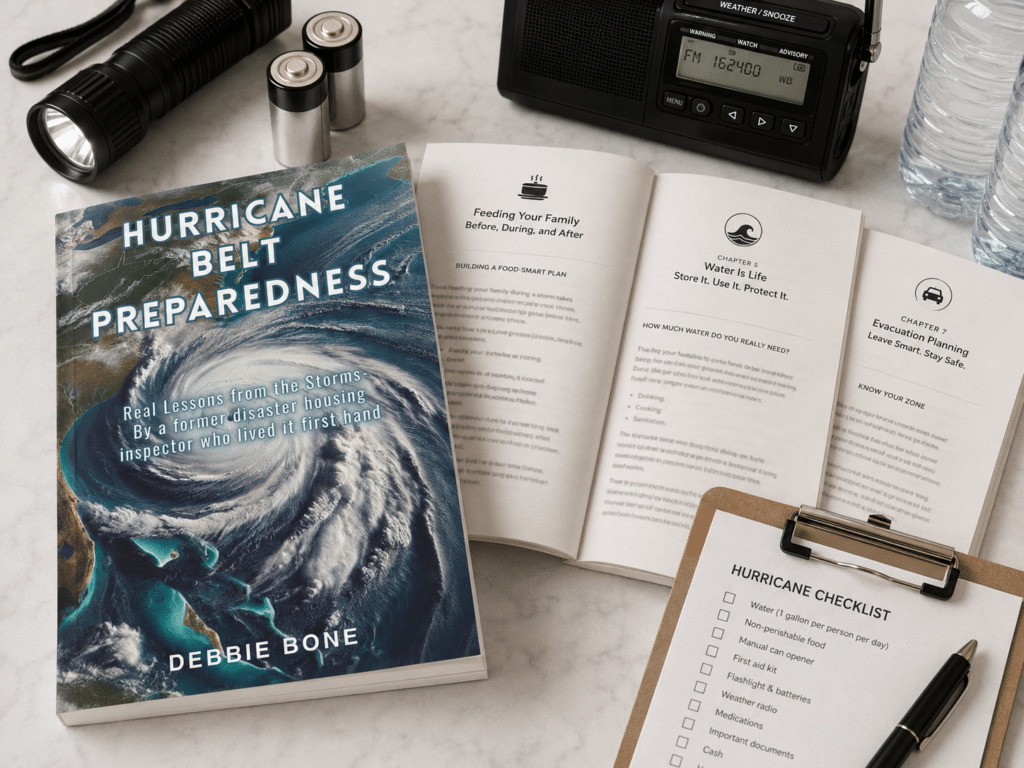 A hurricane preparedness guide, checklist, flashlight, water bottles, and radio are neatly arranged on a table.
