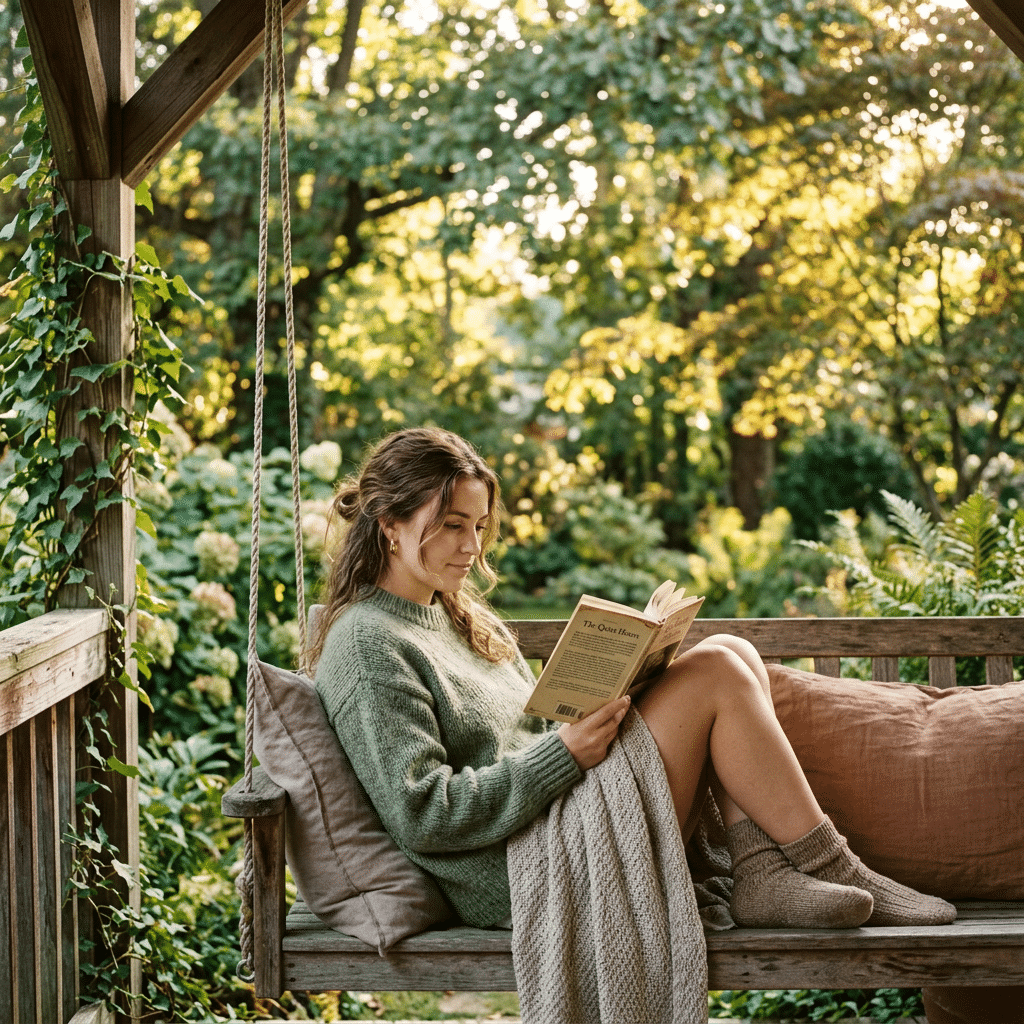Woman reading on a porch swing