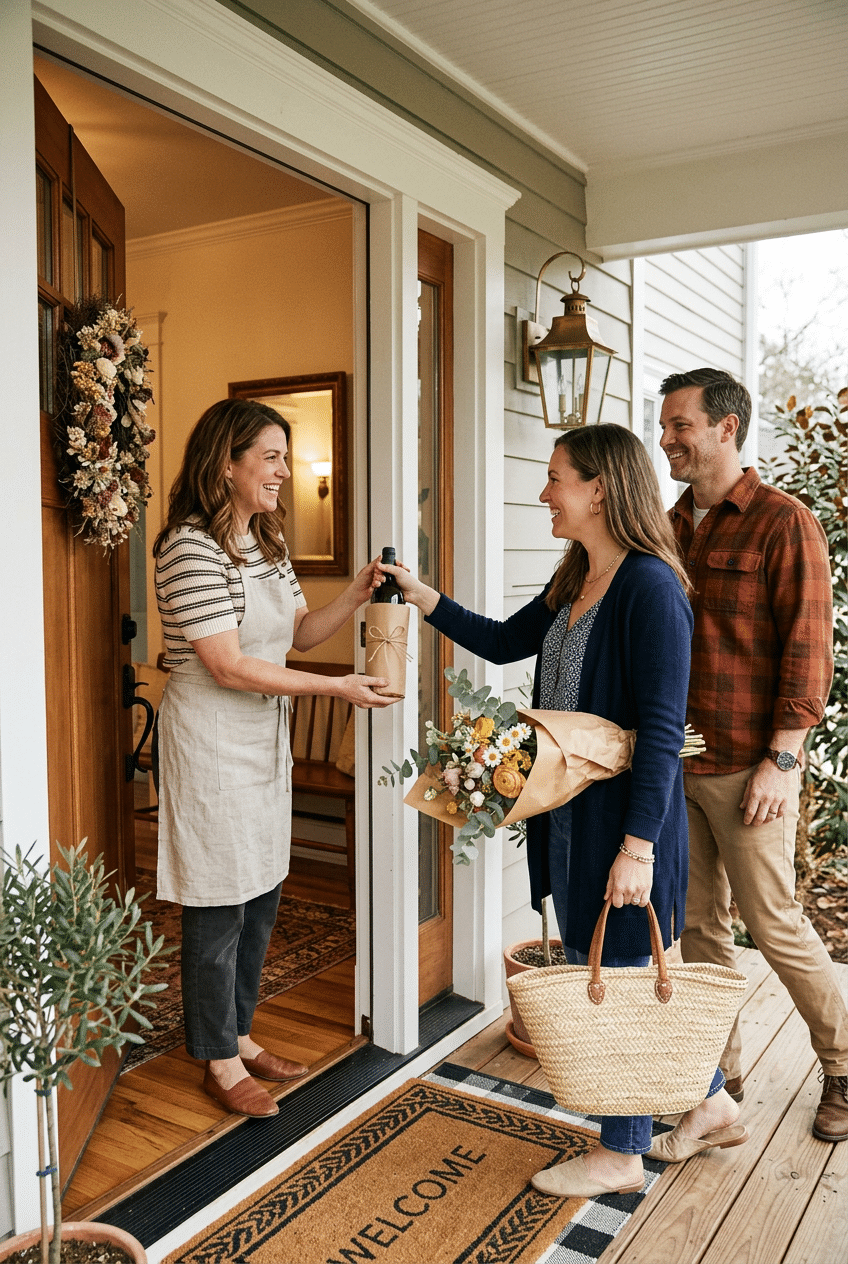 Smiling woman welcomes a couple at her door, showcasing Southern hospitality etiquette as they bring thoughtful gifts.