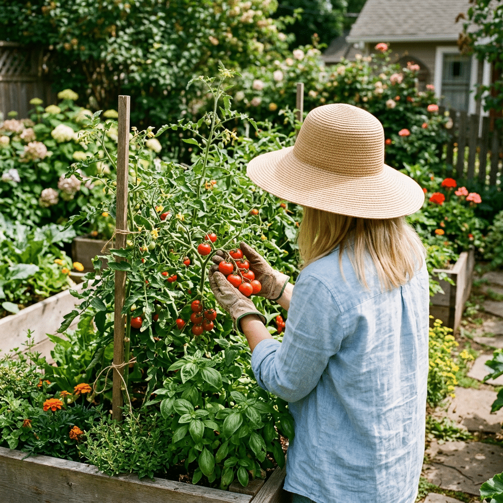 A person in a sunhat harvesting ripe tomatoes from a raised garden bed in a lush backyard garden.