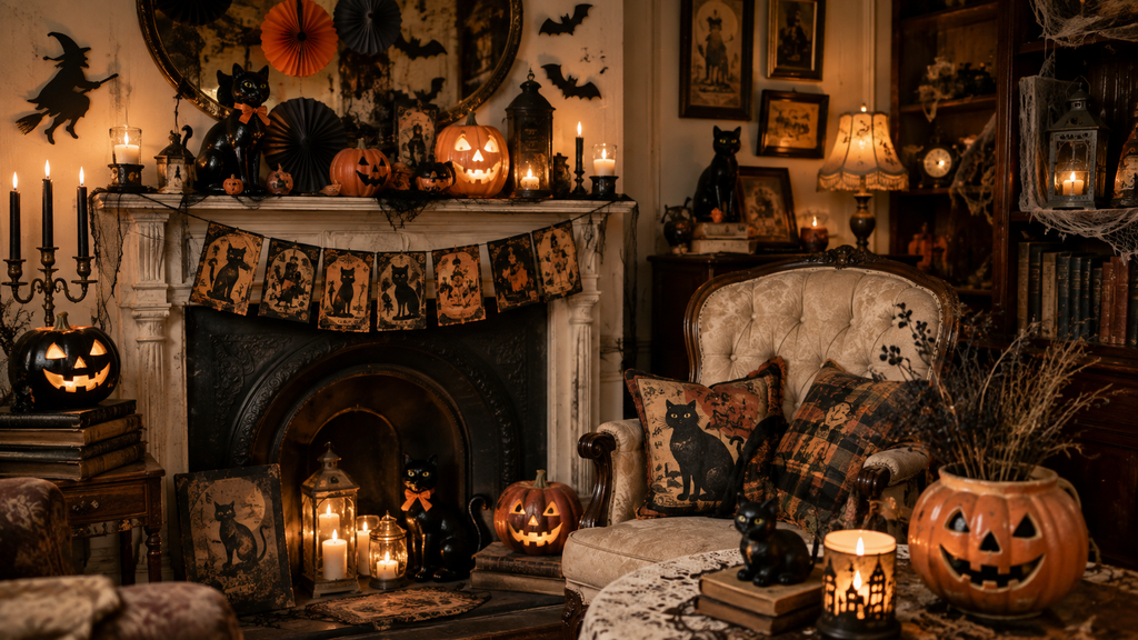 Cozy living room with vintage Halloween decorating ideas, jack-o-lanterns, black cat decor, and candles on the mantel.