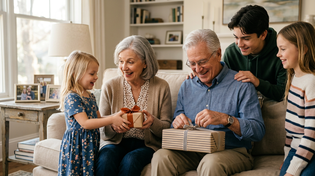 Grandchildren giving Grandparents Day gifts to their grandparents on a couch