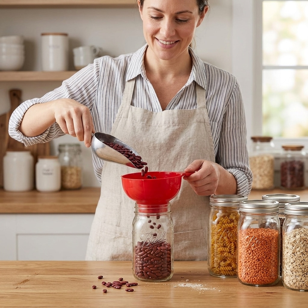 Woman using a red funnel to scoop kidney beans into a wide-mouth Ball jar, with filled jars of pasta and lentils nearby