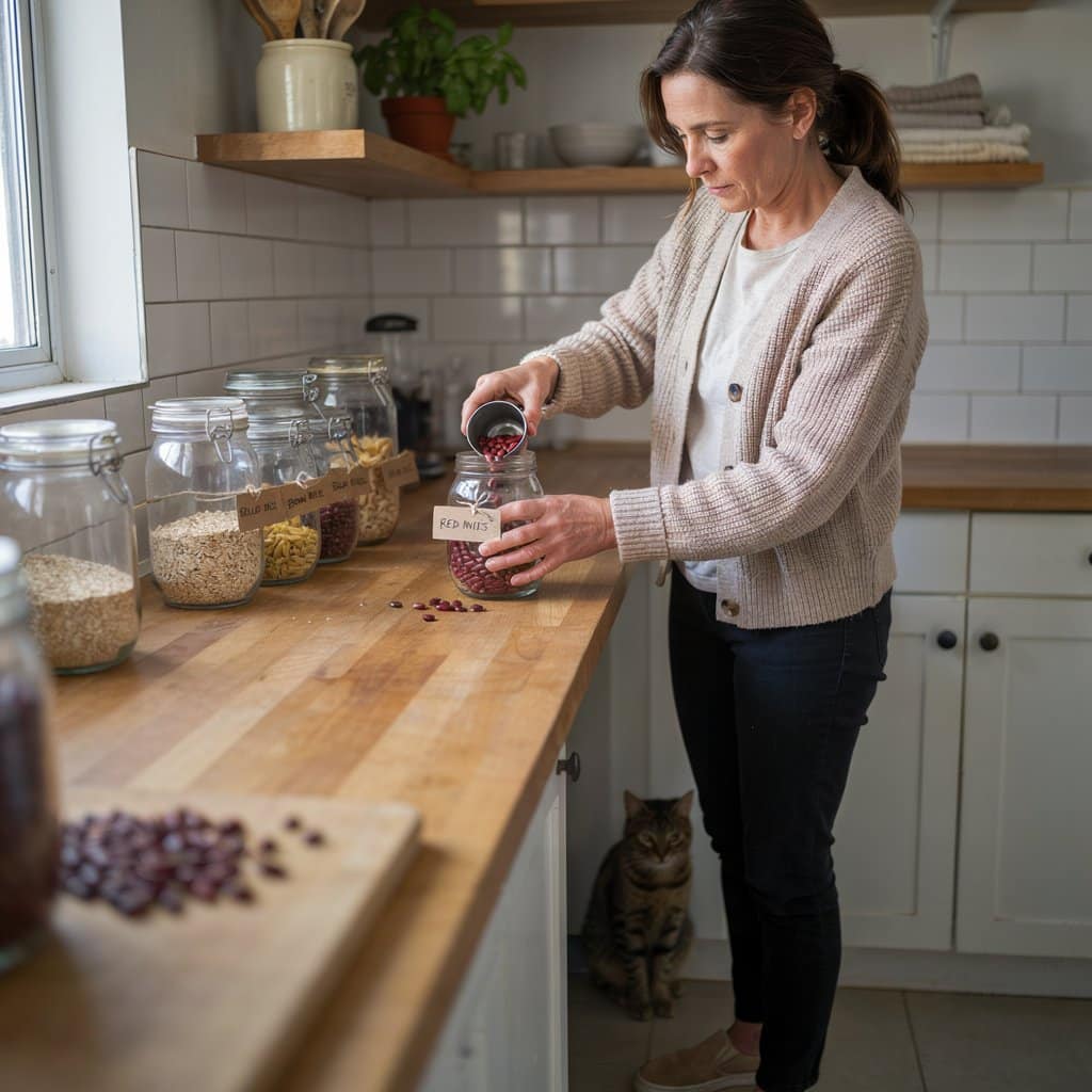 Woman labeling a mason jar filled with dried kidney beans on a kitchen counter, with a cat sitting nearby