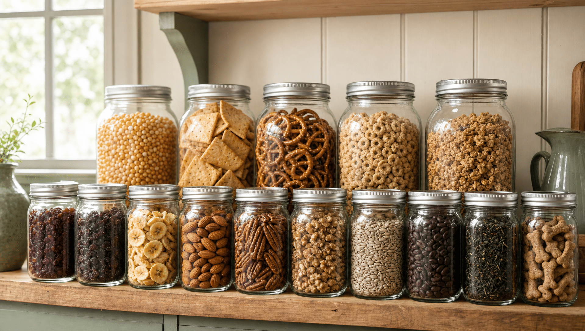 Assorted mason jars filled with popcorn kernels, crackers, pretzels, cereal, granola, dried fruit, nuts, seeds, coffee beans, tea, and dog treats on a wood shelf