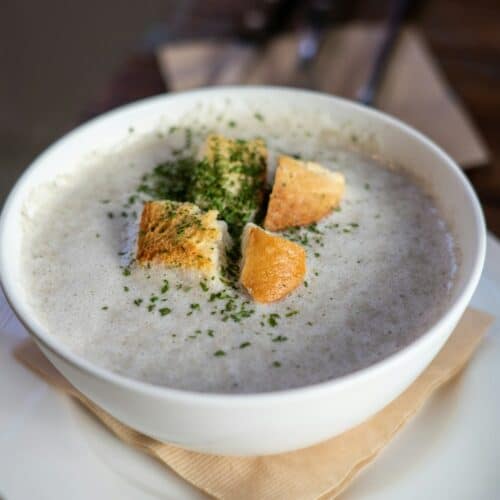 Creamy chicken and wild rice soup in a bowl
