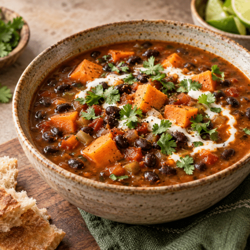 A bowl of black bean and sweet potato soup topped with cilantro and cream, served with bread and lime wedges.
