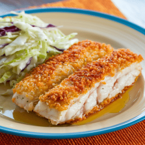 Two pieces of crispy breaded fish fillet served with a side of cabbage slaw on a plate.