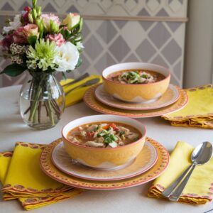 Two bowls of chicken soup on yellow-rimmed plates, with a vase of flowers on the table.