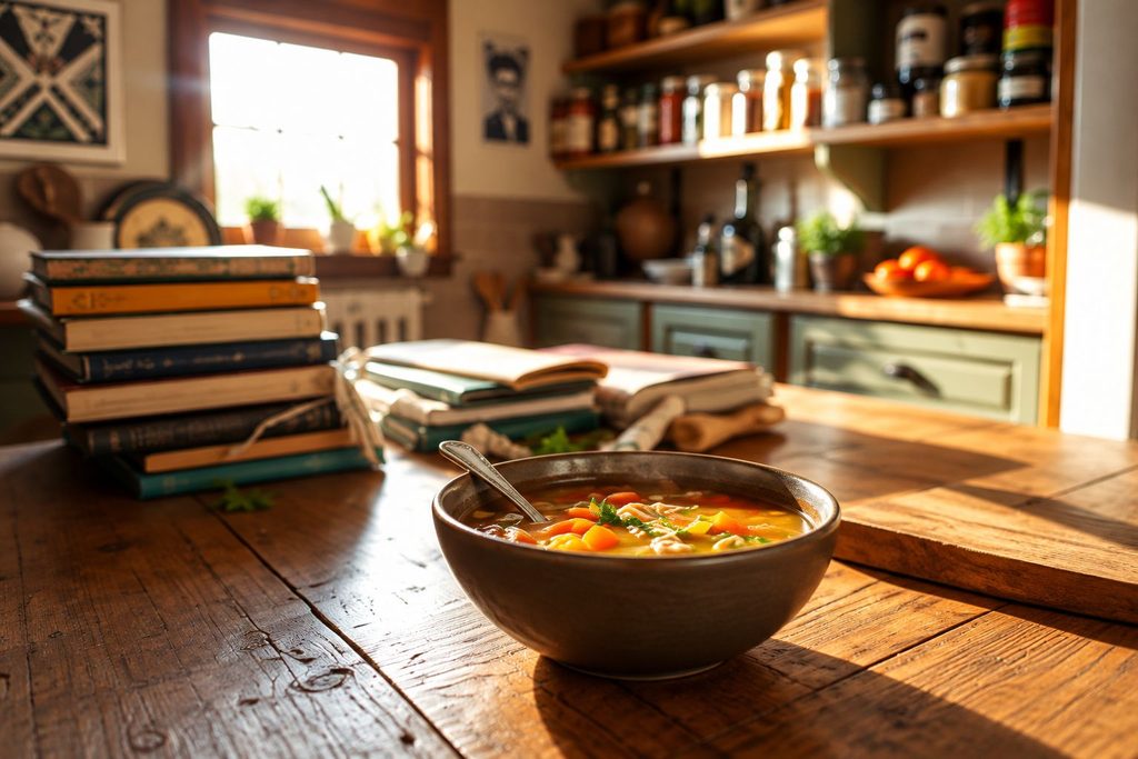 A bowl of hearty homemade soup and a spoon on a wooden table, with stacks of books in the background.